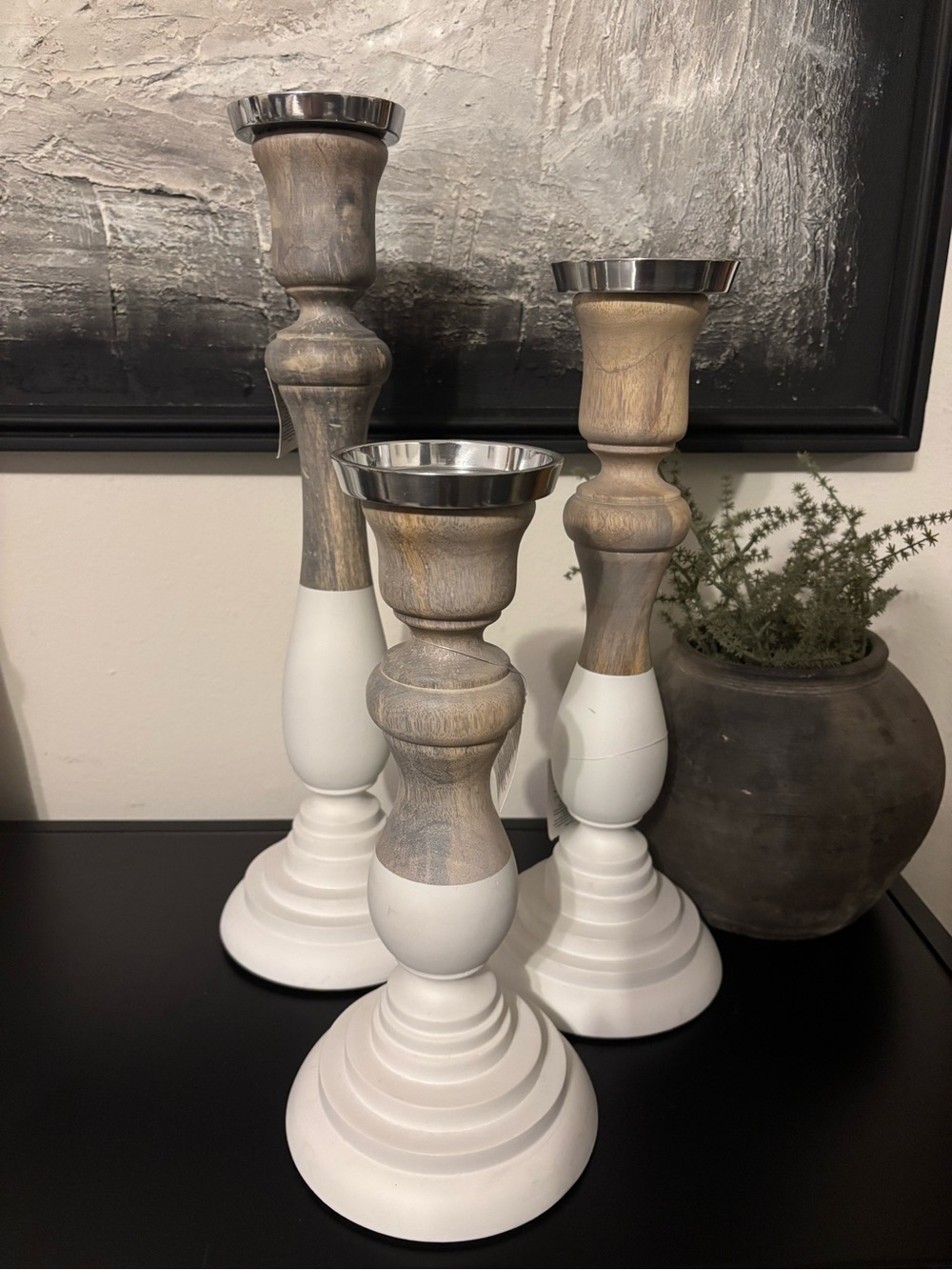 Two-Tone White and Wood Candlestick Holder Set - 3 Piece